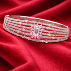 Multi-Row Marquise Leaf Accent Silver Diamond Statement Bracelet (Free Size)