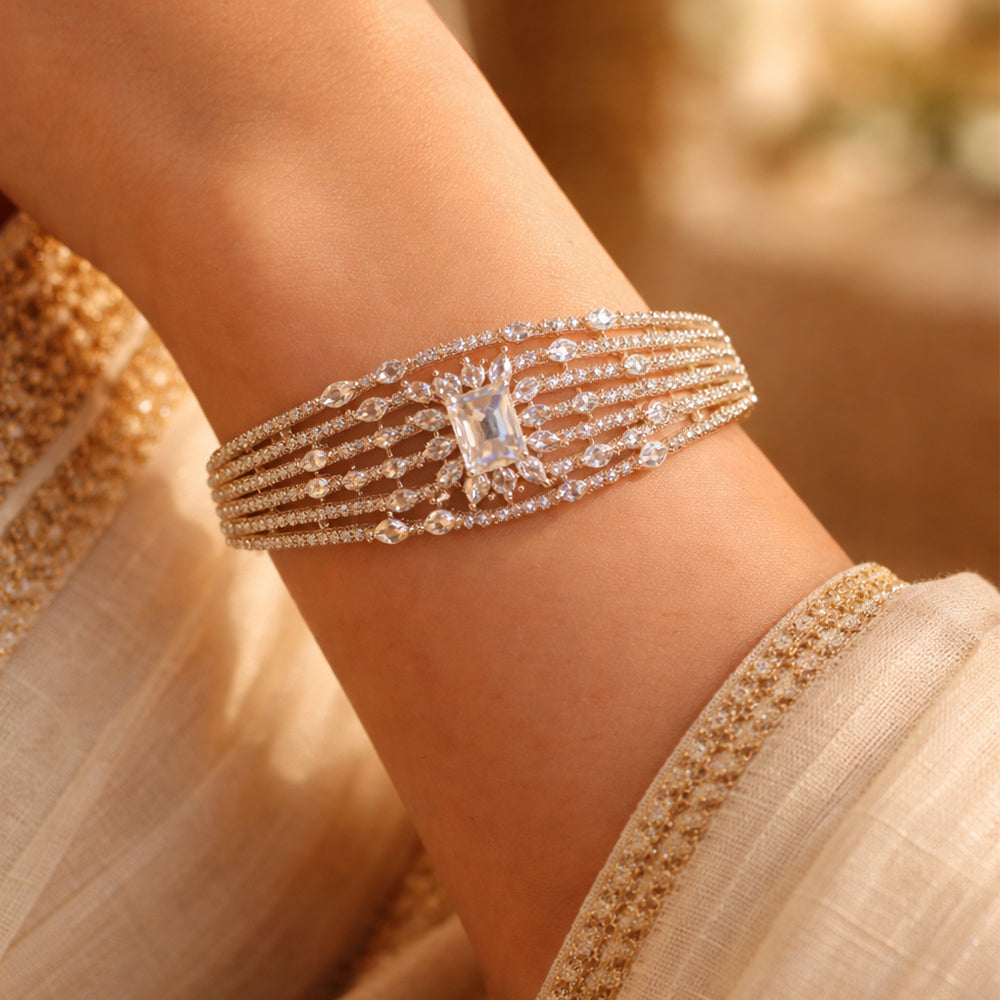 Multi-Row Marquise Leaf Accent Silver Diamond Statement Bracelet (Free Size)