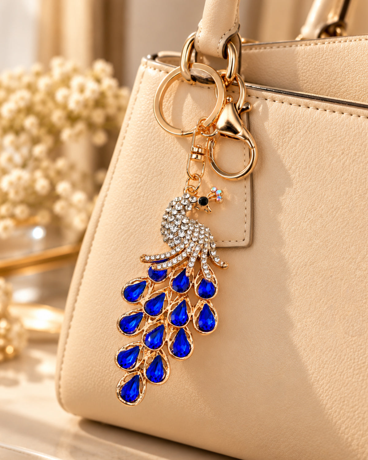 Sapphire Blue Rhinestone Peacock Keychain