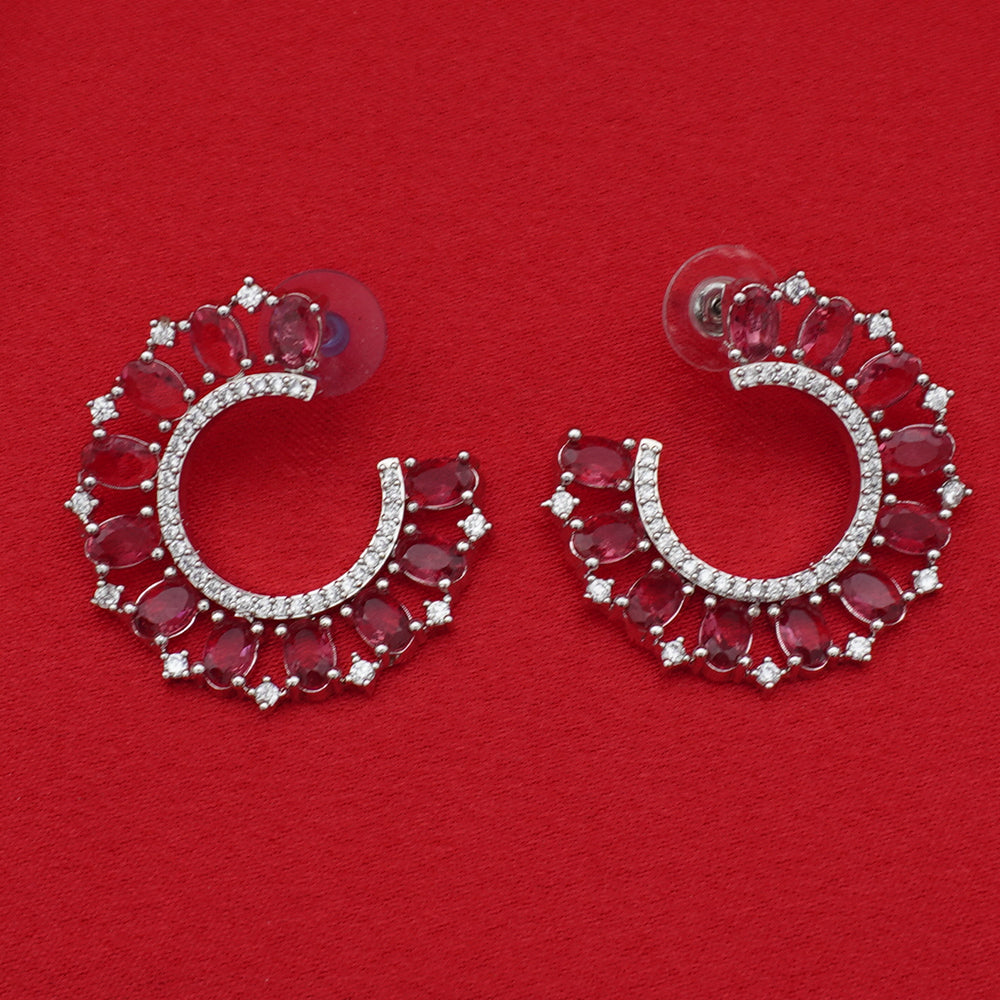 Pink Crystal Hoop Silver Tone Earrings
