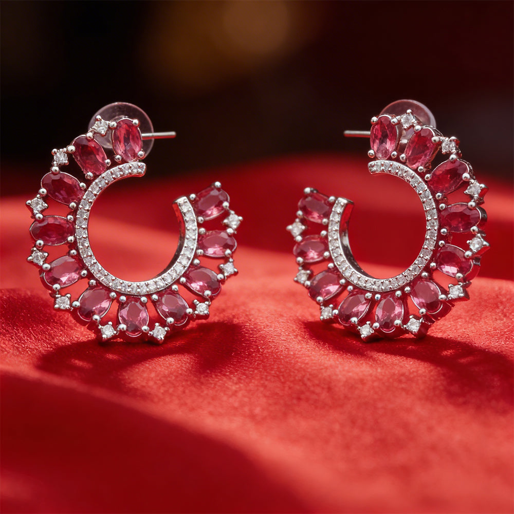 Pink Crystal Hoop Silver Tone Earrings