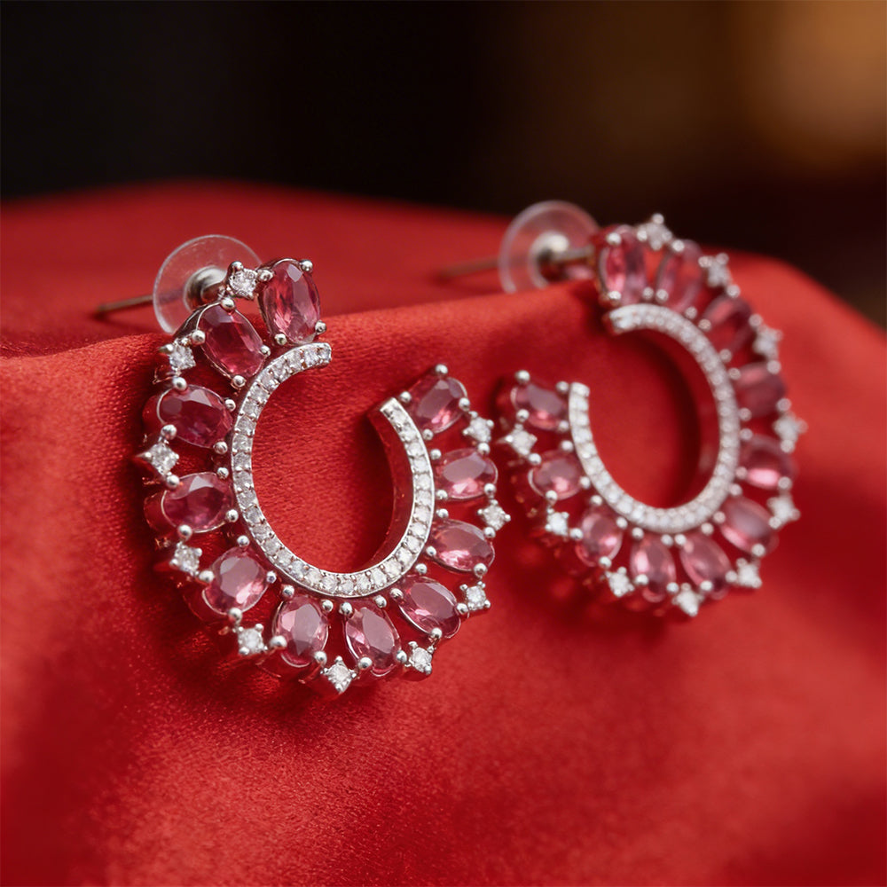 Pink Crystal Hoop Silver Tone Earrings