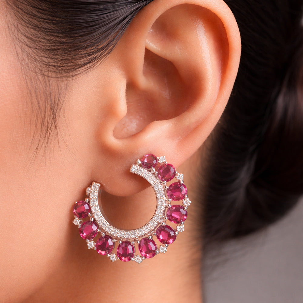 Pink Crystal Hoop Silver Tone Earrings