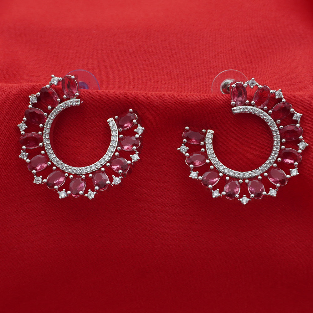 Pink Crystal Hoop Silver Tone Earrings