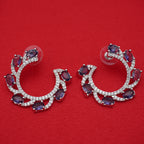 Purple Crystal Hoop Silver Tone Earrings
