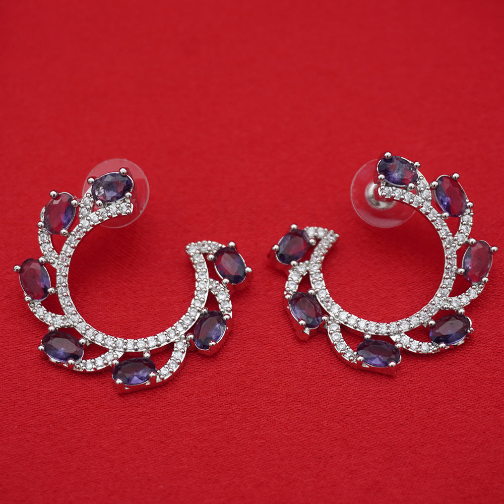 Purple Crystal Hoop Silver Tone Earrings