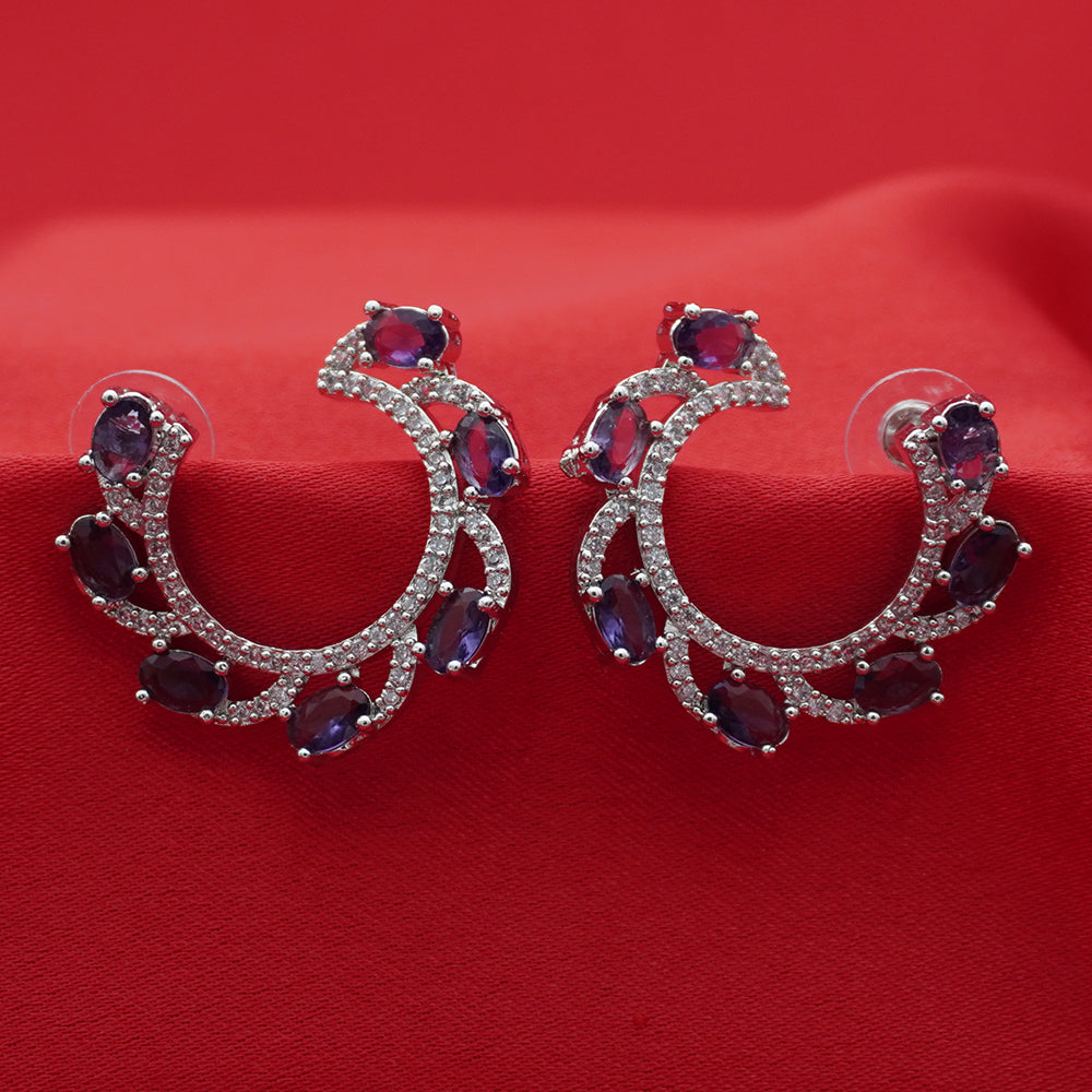 Purple Crystal Hoop Silver Tone Earrings