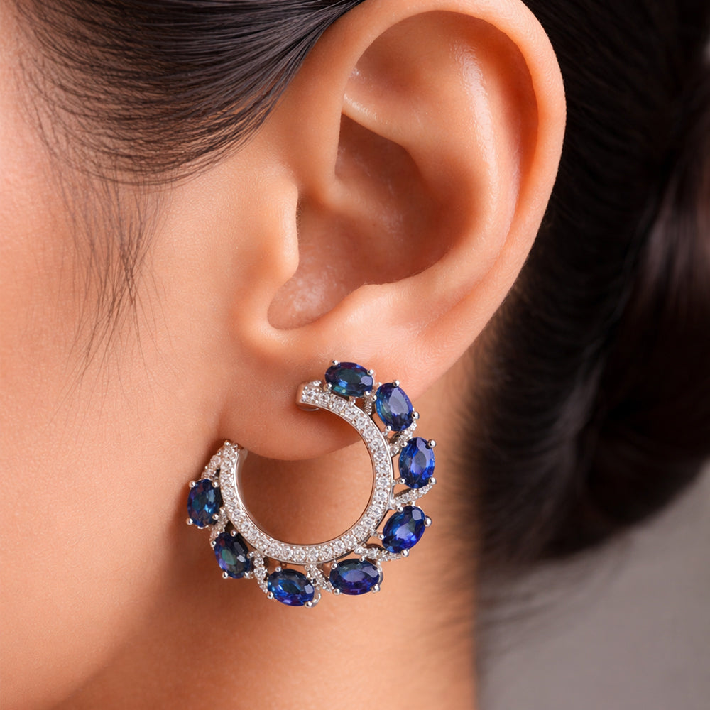 Purple Crystal Hoop Silver Tone Earrings