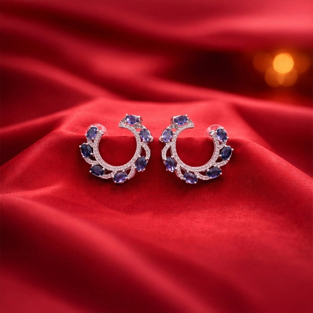 Purple Crystal Hoop Silver Tone Earrings