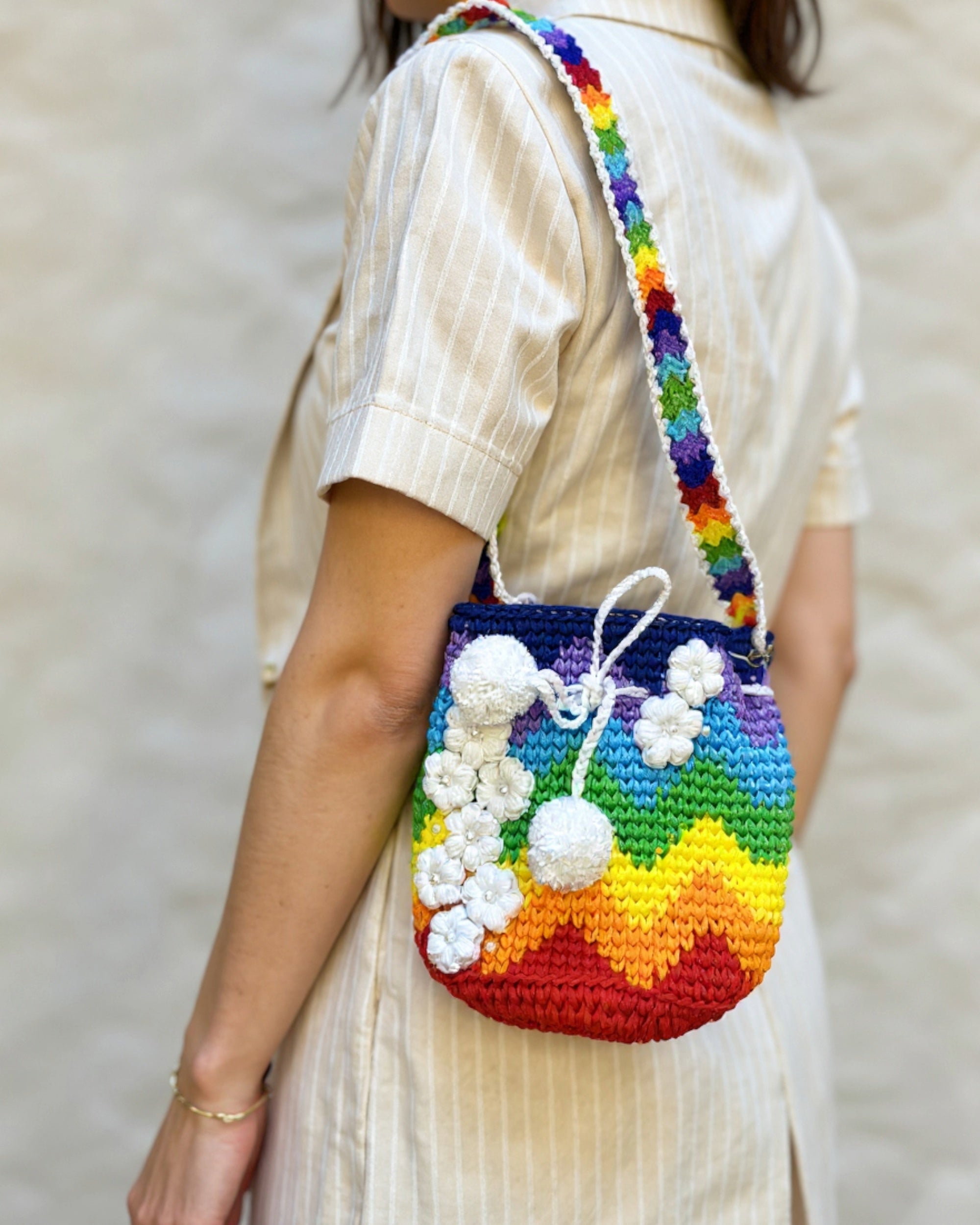 Rainbow Crochet Shoulder Bag – 3D Flower Accents & Pom Charms