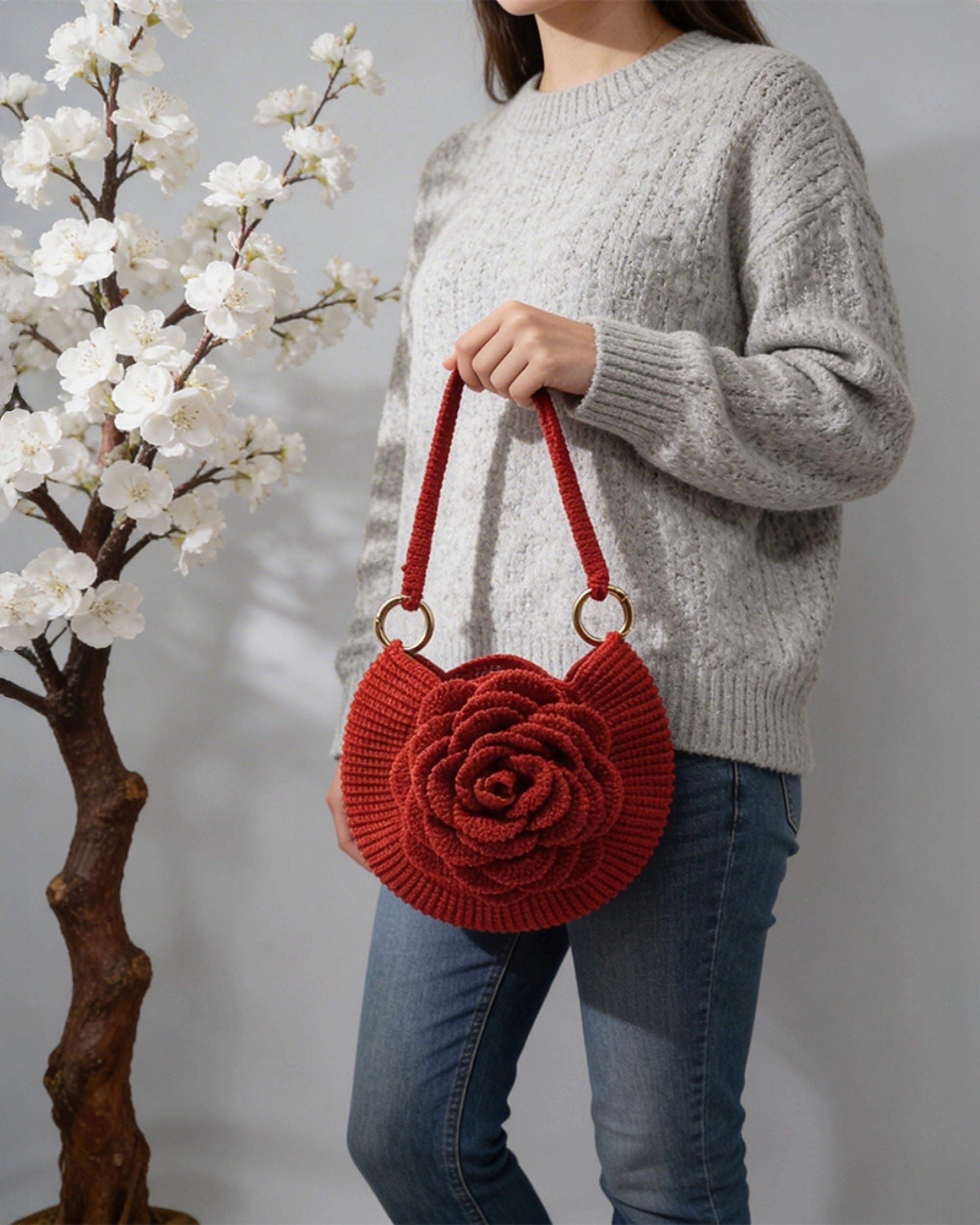 Handcrafted Crochet Rose Bag – 3D Floral Statement Handbag (Red)