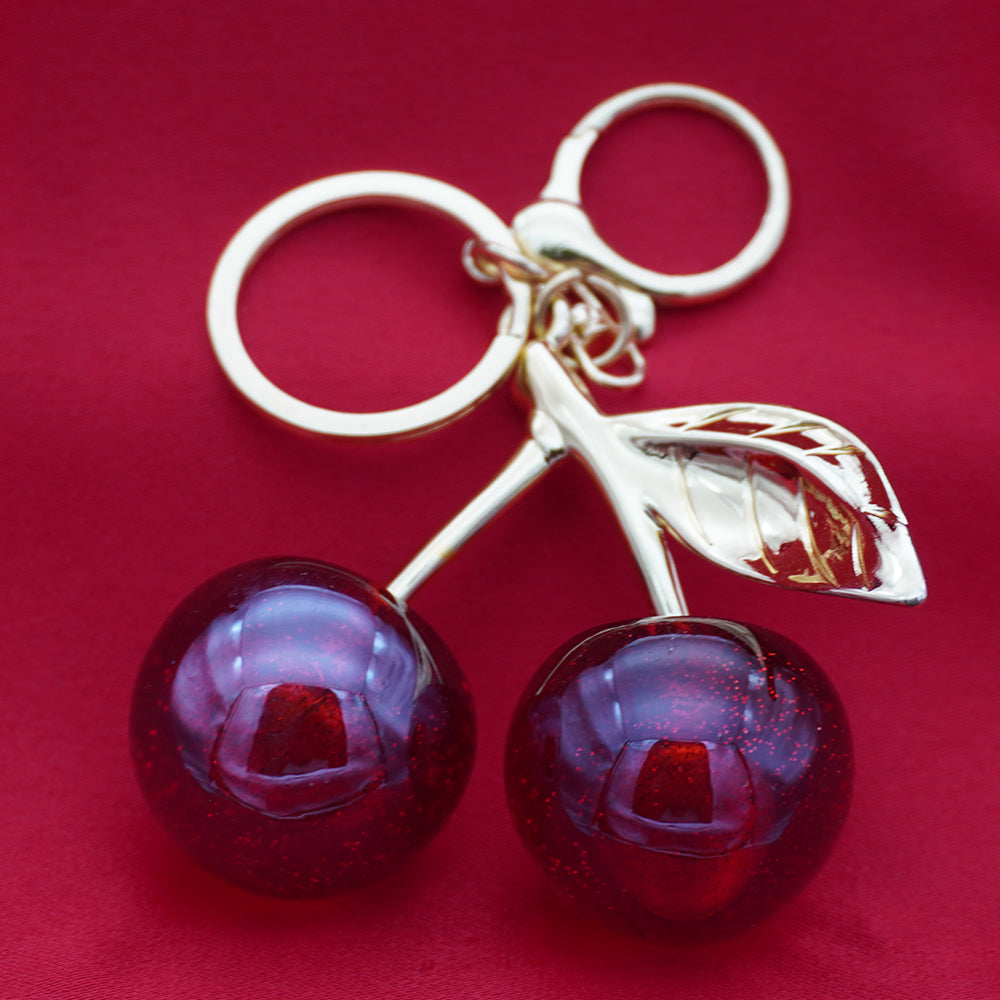 Cherry Charm Keyring - Deep Red