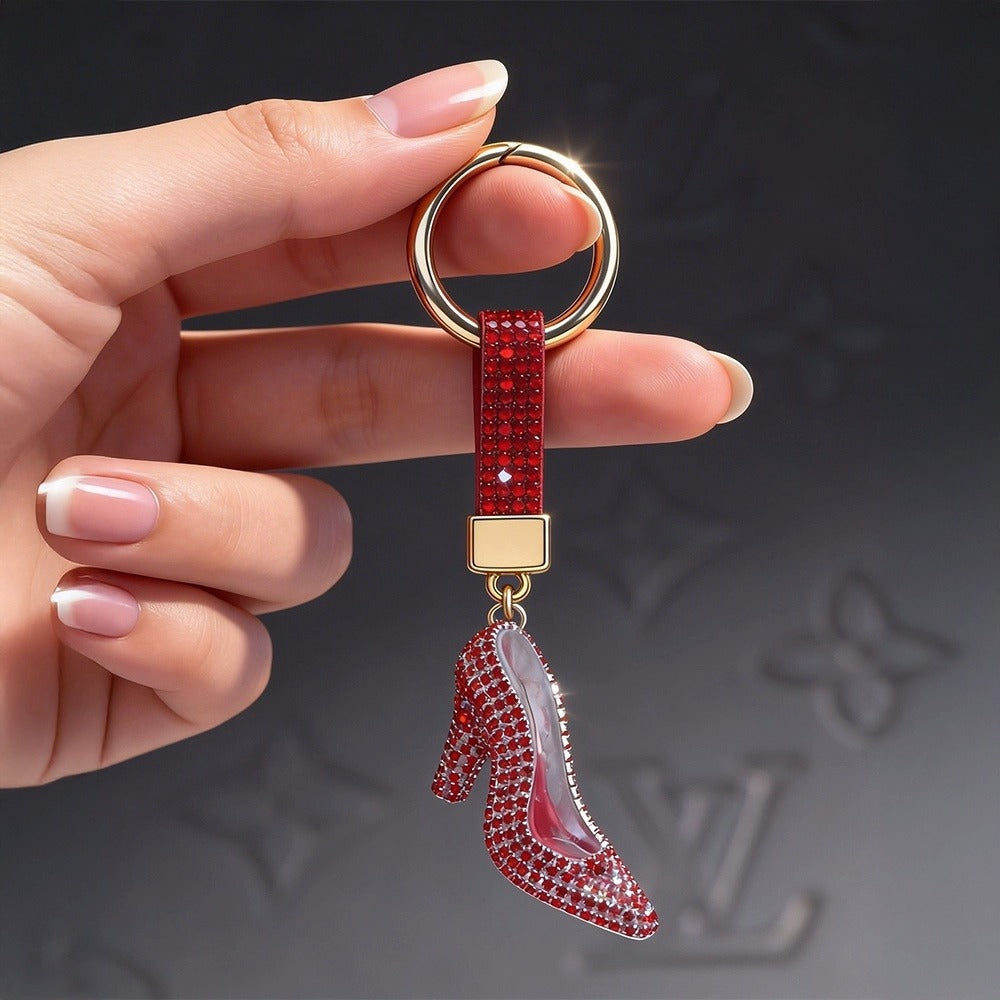 Rhinestone Studded Keychain Charm - Red High Heels