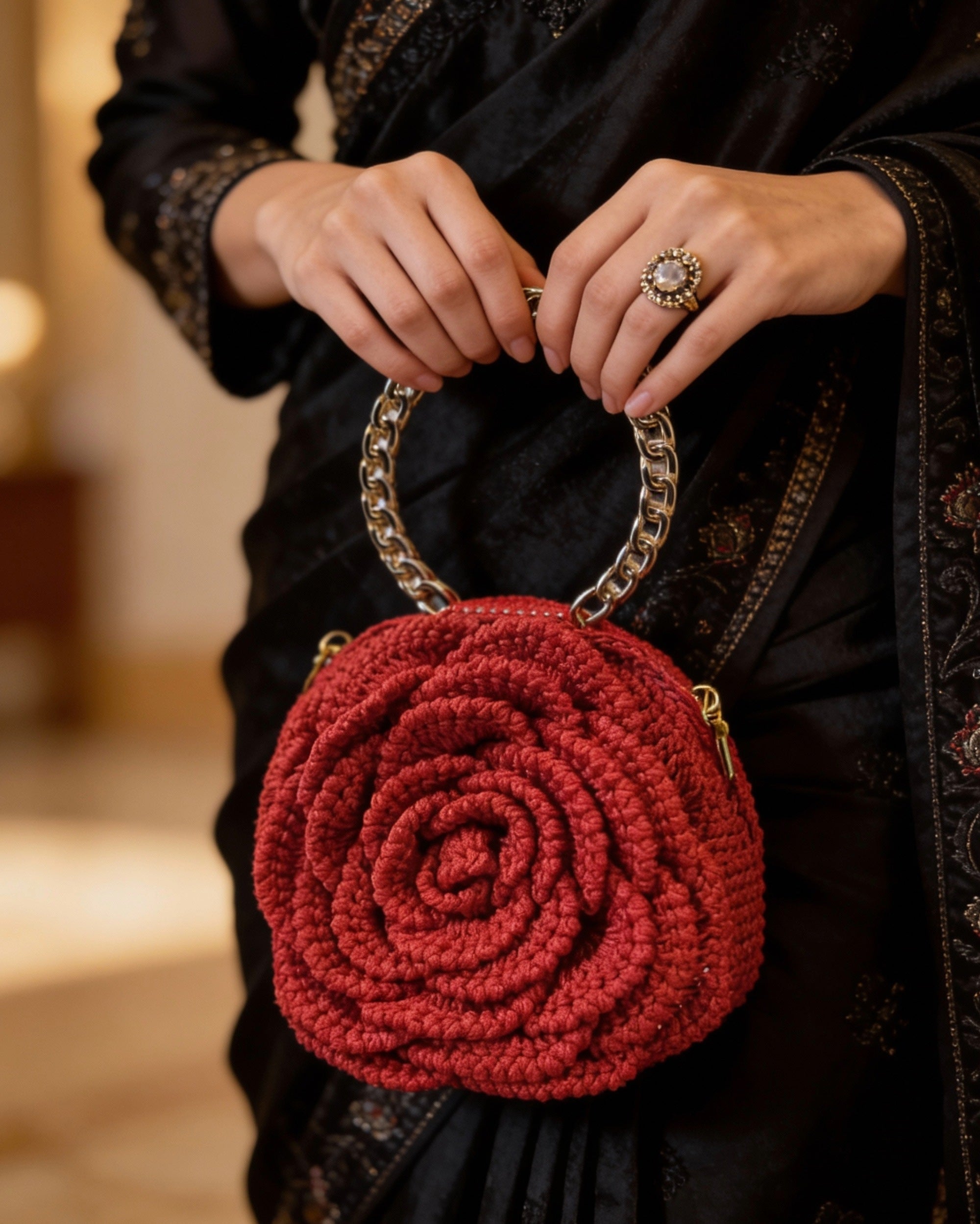 Rosalia Crochet Rose Bag – Handmade 3D Floral Clutch (Deep Red)