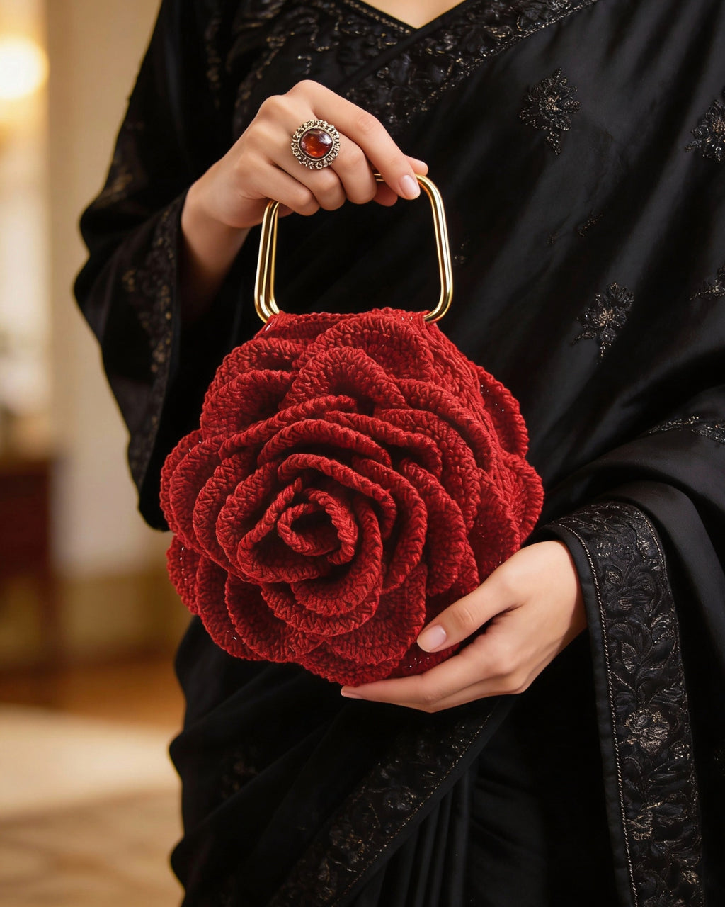 Rosalia Crochet Rose Bag – Handmade 3D Floral Clutch (Red)