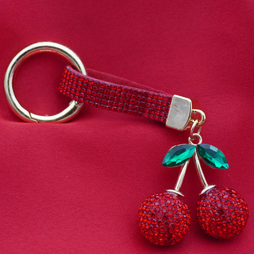 Rhinestone Cherry Handbag Charm Keyring - Red
