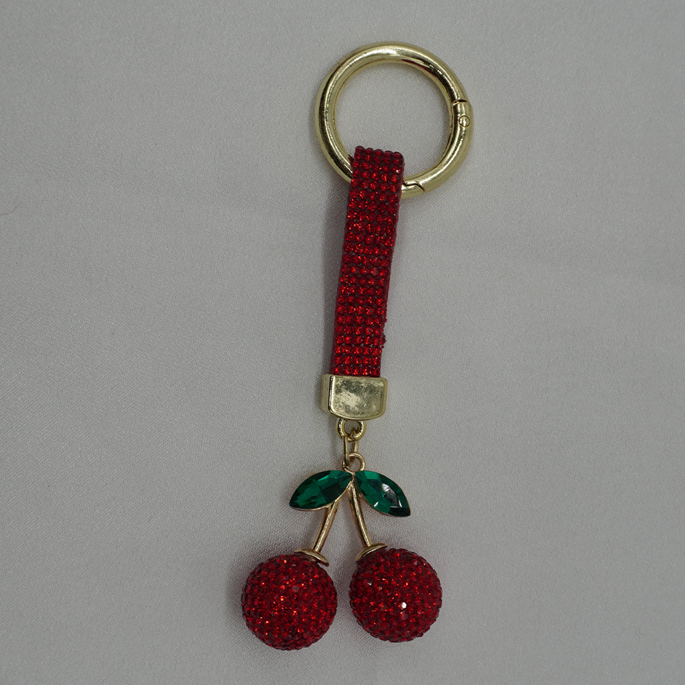 Rhinestone Cherry Handbag Charm Keyring - Red