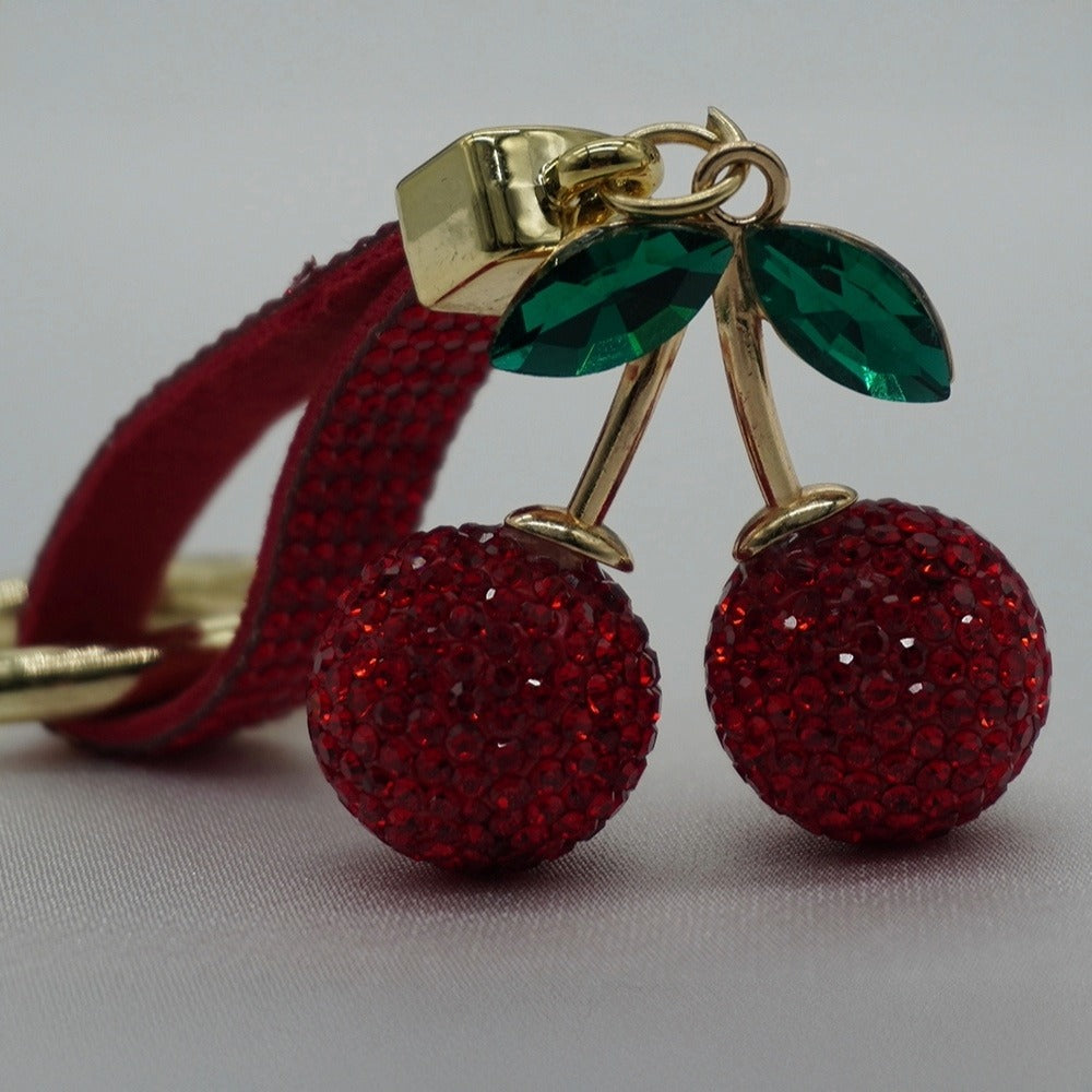 Rhinestone Cherry Handbag Charm Keyring - Red