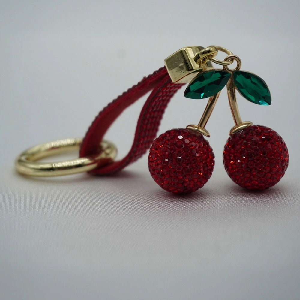 Rhinestone Cherry Handbag Charm Keyring - Red