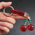 Rhinestone Cherry Handbag Charm Keyring - Red