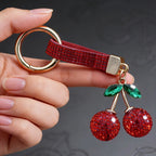 Rhinestone Cherry Handbag Charm Keyring - Red