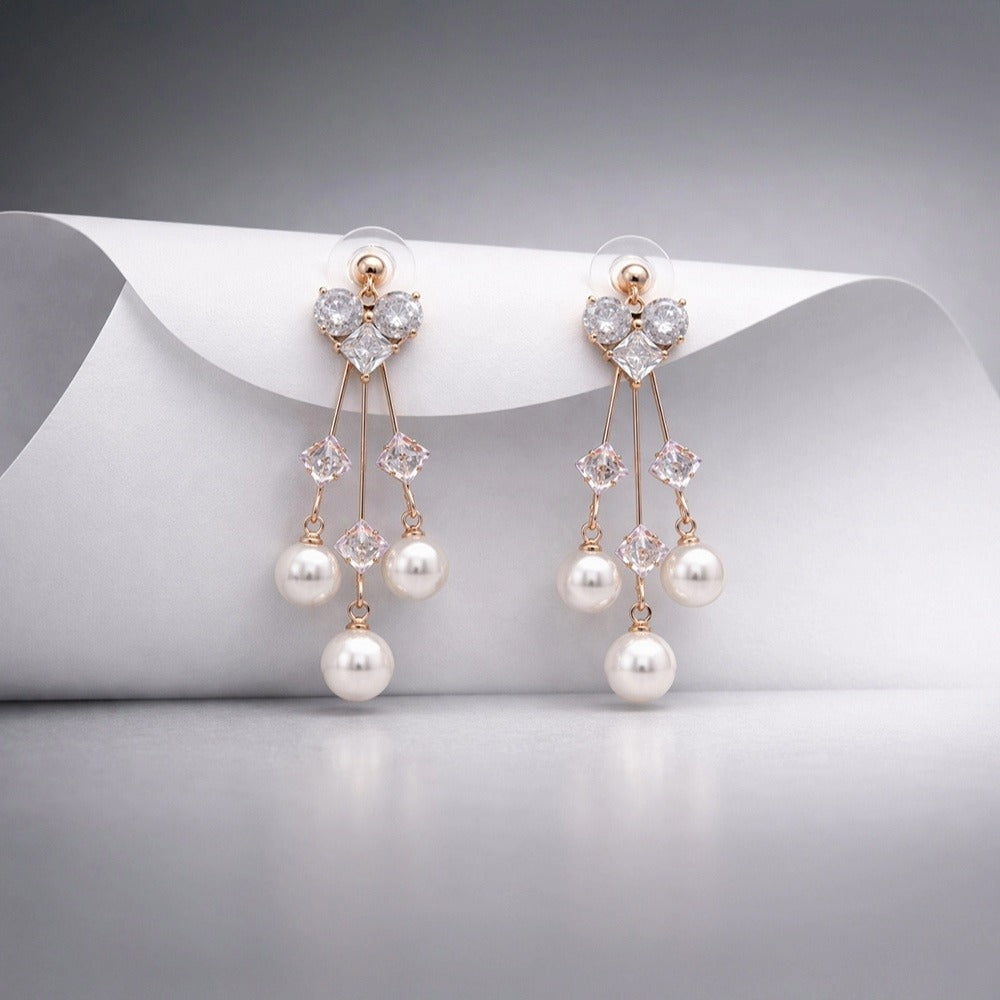Romantic Heart Crystal Pearl Drop Earrings