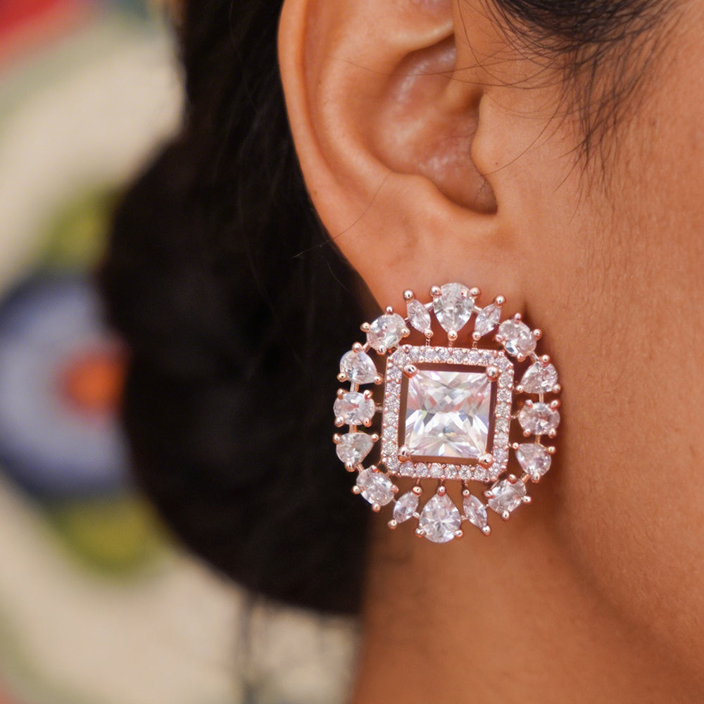 Rose Gold Square Halo Stud Earrings - Clear Square