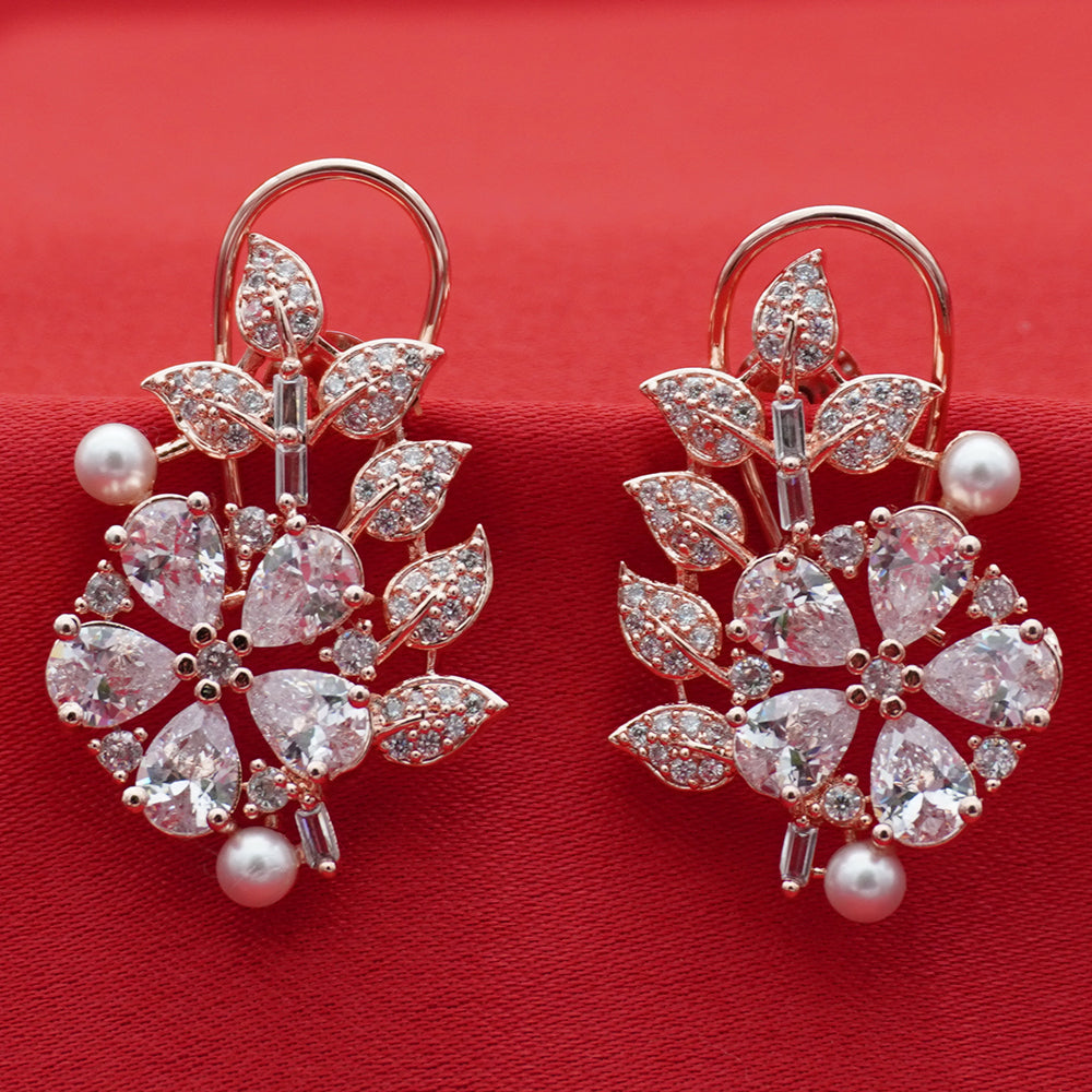 Rose Gold Tone Floral Sparkling Crystal - Leaf Drop Earring