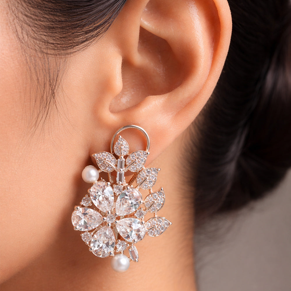 Rose Gold Tone Floral Sparkling Crystal - Leaf Drop Earring