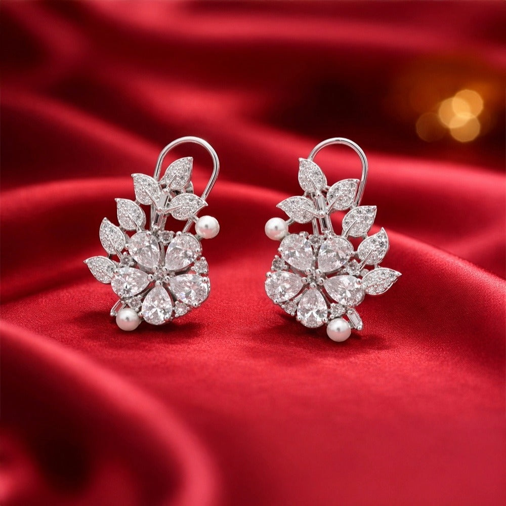 Rose Gold Tone Floral Sparkling Crystal - Leaf Drop Earring