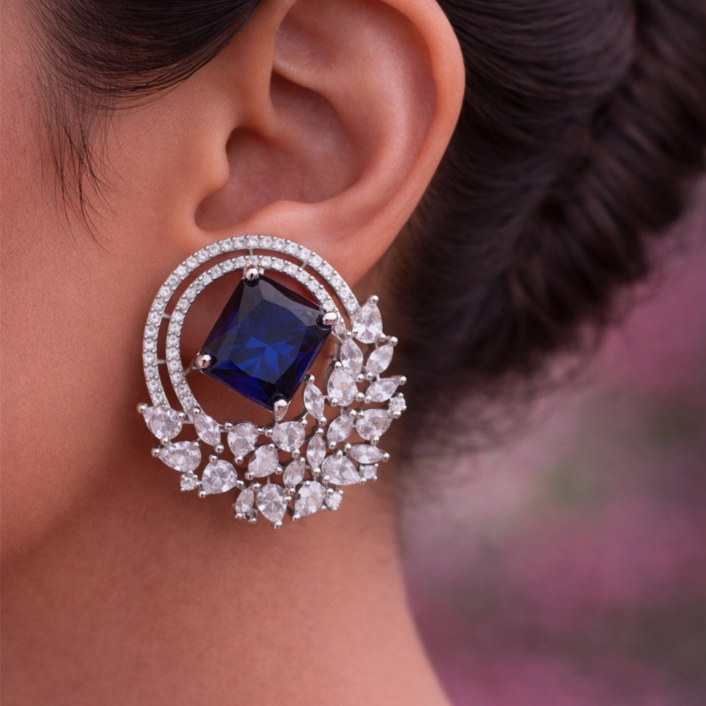 Rose Gold Halo Stud Earrings - Royal Blue