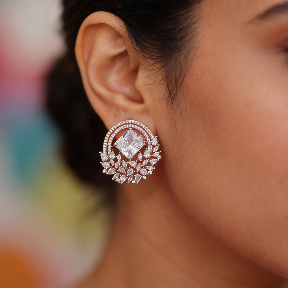 Rose Gold Halo Stud Earrings - Clear