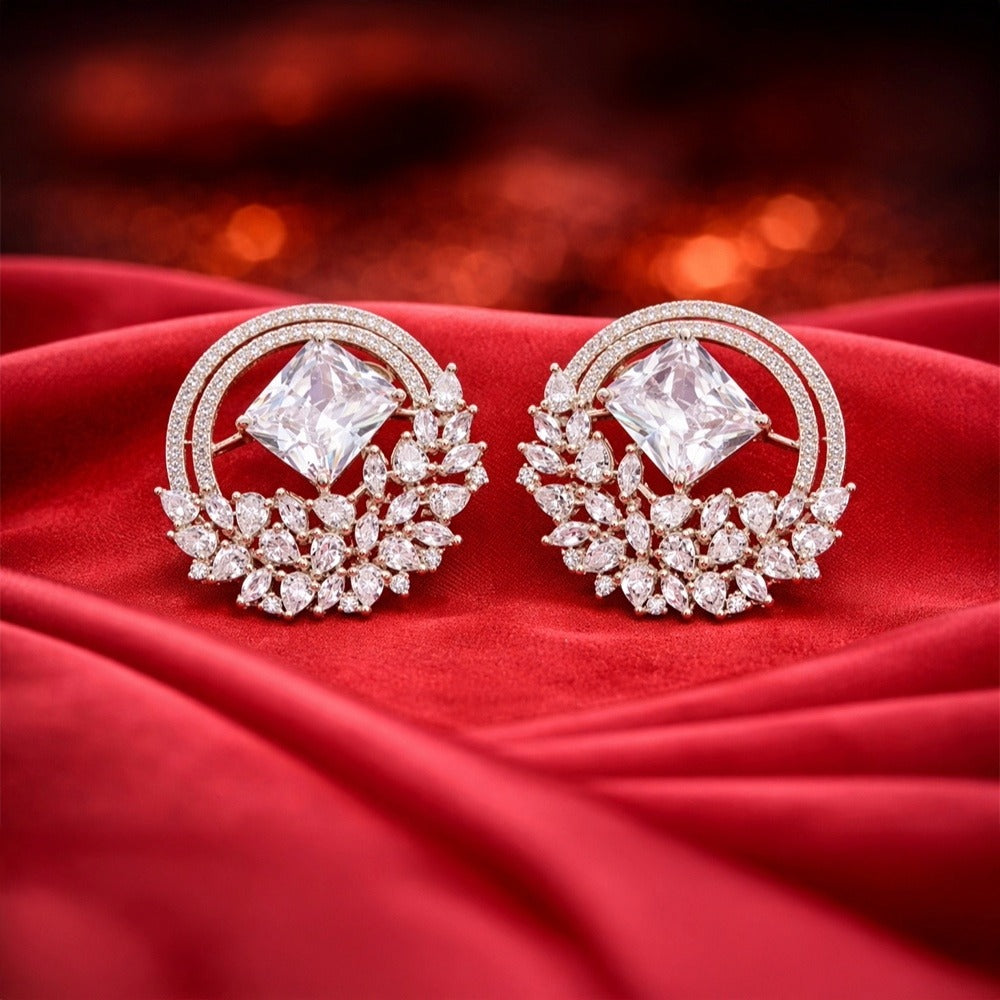 Rose Gold Halo Stud Earrings - Clear