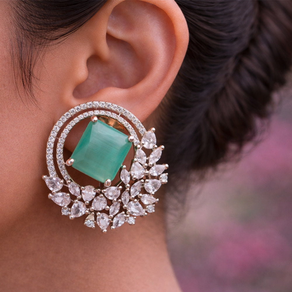 Rose Gold Halo Stud Earrings - Mint Green