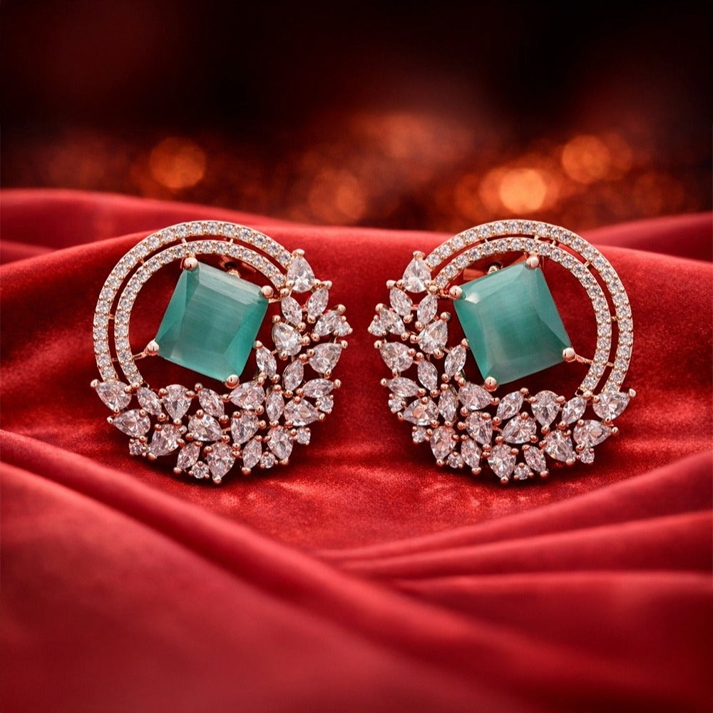 Rose Gold Halo Stud Earrings - Mint Green