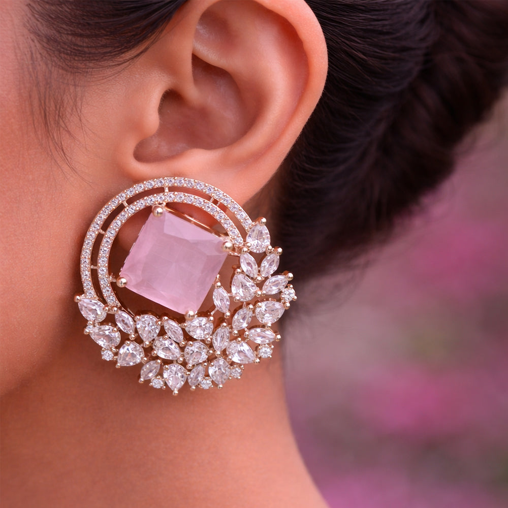 Rose Gold Halo Stud Earrings - Pink