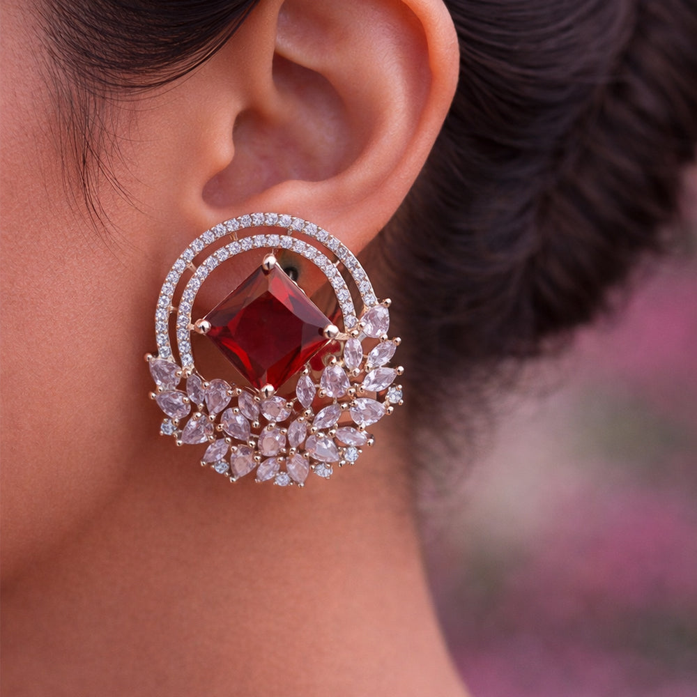 Rose Gold Halo Stud Earrings - Ruby Red