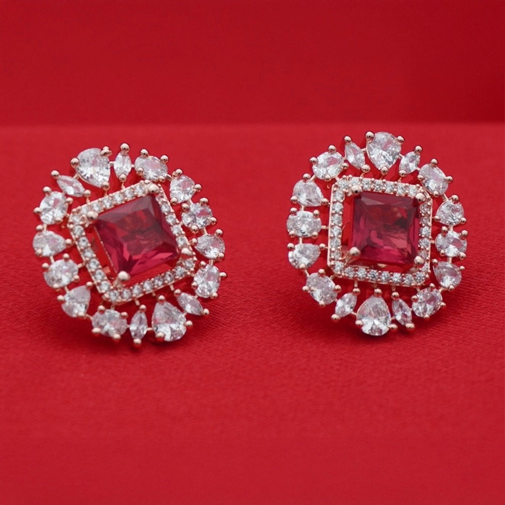 Rose Gold Square Halo Stud Earrings - Red Ruby