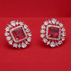 Rose Gold Square Halo Stud Earrings - Red Ruby