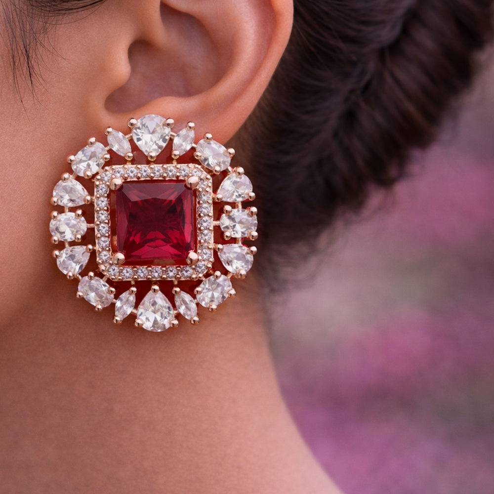 Rose Gold Square Halo Stud Earrings - Red Ruby