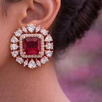 Rose Gold Square Halo Stud Earrings - Red Ruby