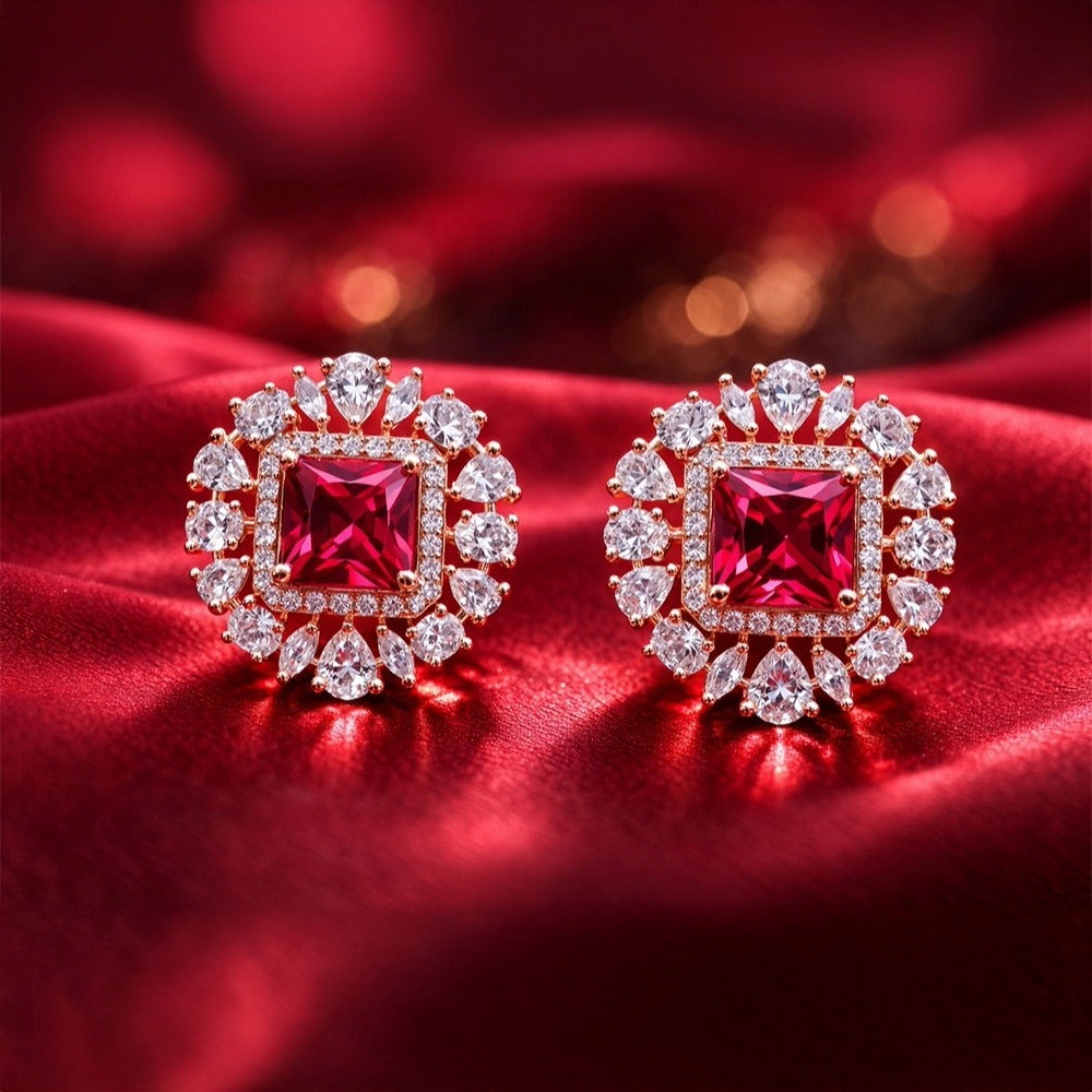 Rose Gold Square Halo Stud Earrings - Red Ruby