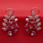 Rose Gold Tone Floral Ruby Crystal - Leaf Drop Earrings