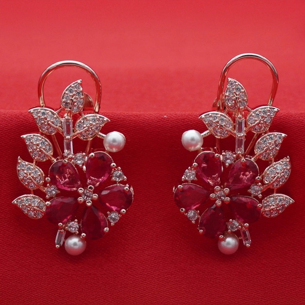 Rose Gold Tone Floral Ruby Crystal - Leaf Drop Earrings
