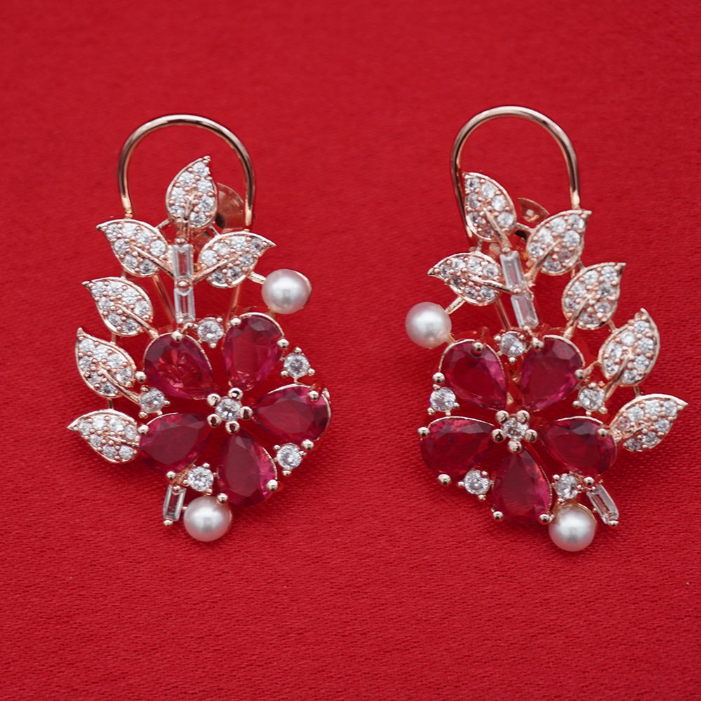 Rose Gold Tone Floral Ruby Crystal - Leaf Drop Earrings