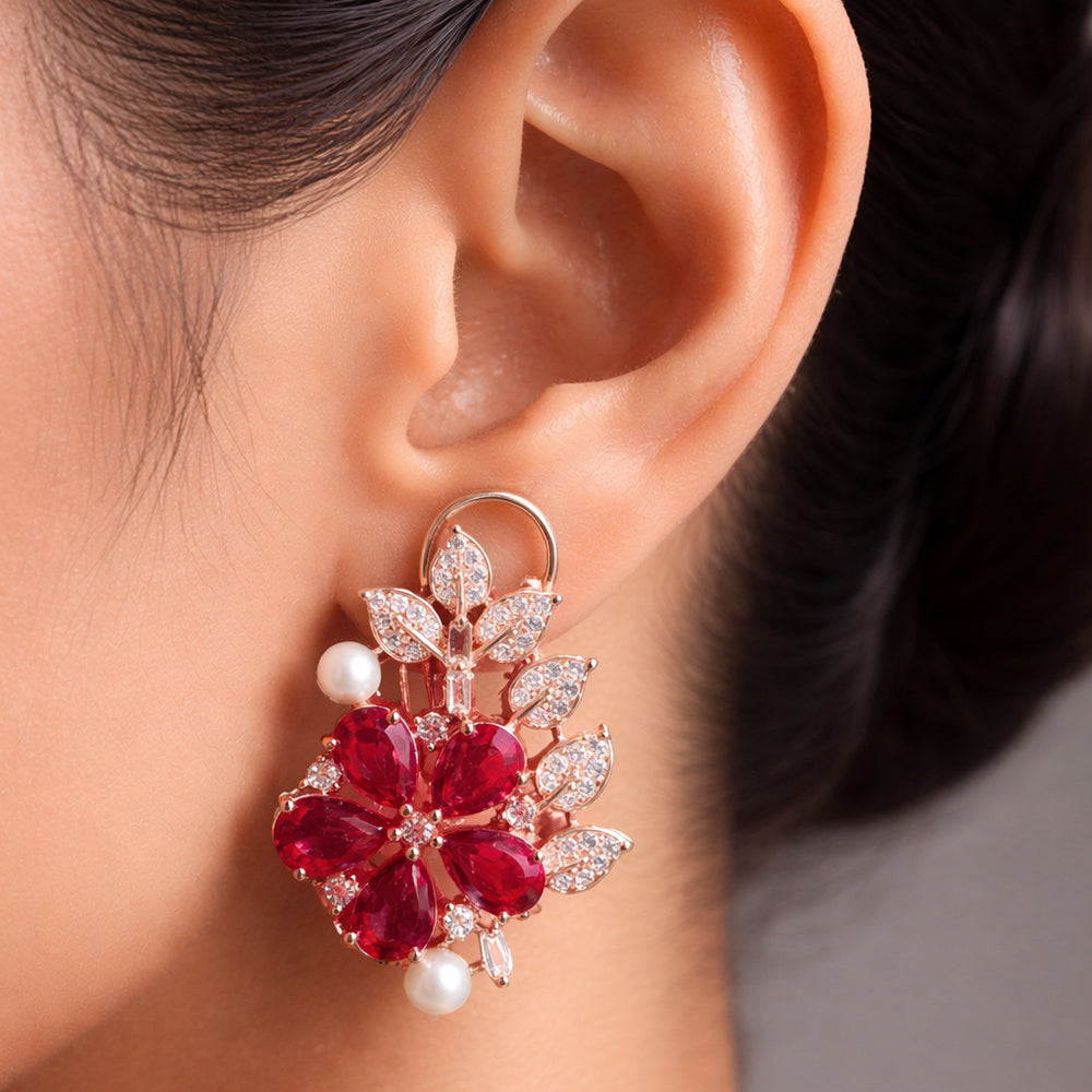 Rose Gold Tone Floral Ruby Crystal - Leaf Drop Earrings
