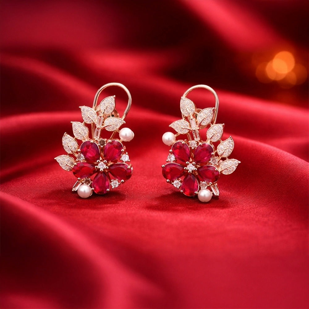 Rose Gold Tone Floral Ruby Crystal - Leaf Drop Earrings