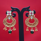Royal Antique Gold Chandbali Earrings – Floral Engraved Kundan & Green Bead Drops