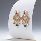 Royal Antique Gold Chandbali Earrings – Floral Engraved Kundan & Green Bead Drops