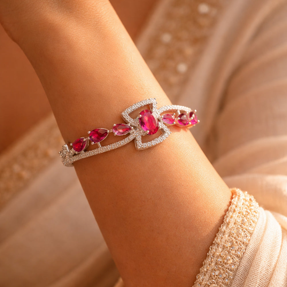 Ruby Red Stone American Diamond Statement Bracelet (Free size)